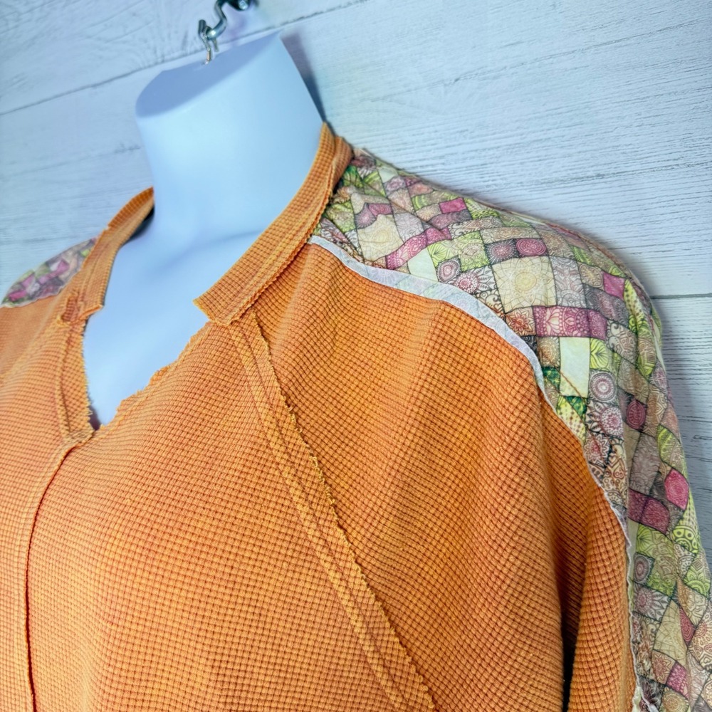 NWT Blue Velvet Patchwork waffle knit Top Rust Cottage Boho medium peasant - Picture 3 of 12